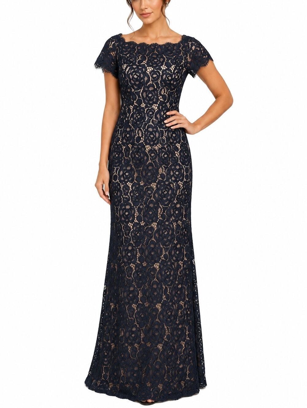 Adrianna Papell Navy Rosette Lace Column Evening Gown Nude Lining Size 2 Formal